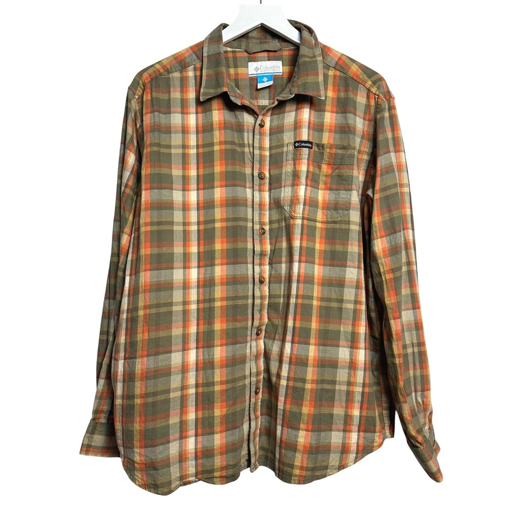 Columbia Vapor Ridge III Mens Plaid Long Sleeve Button Down Shirt Orange Green L